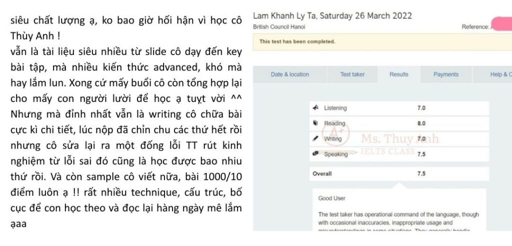feedback khóa học ielts Reading Writing 5