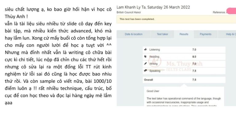 feedback khóa học ielts Reading Writing 5
