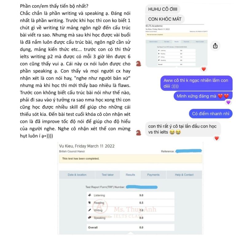 feedback khóa học ielts Reading Writing 7