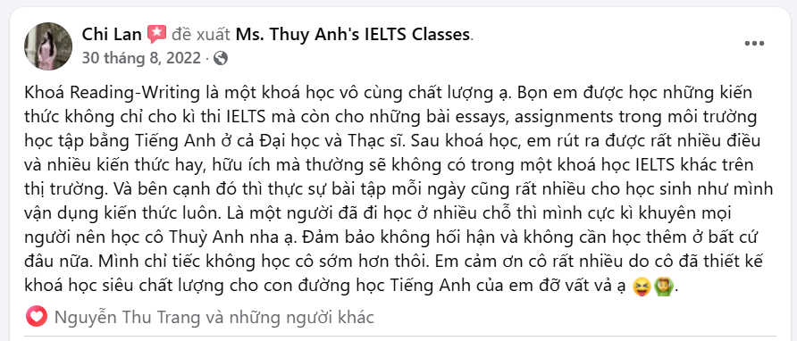 feedback khóa học ielts Reading Writing 4