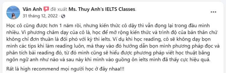 feedback khóa học ielts Reading Writing 1