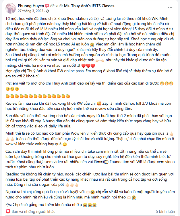 feedback khóa học ielts Reading Writing 2