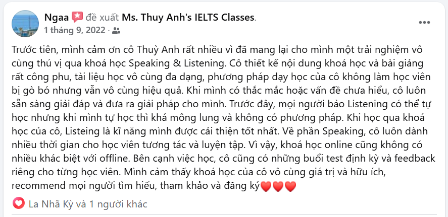 feedback khóa học ielts Listening Speaking 1